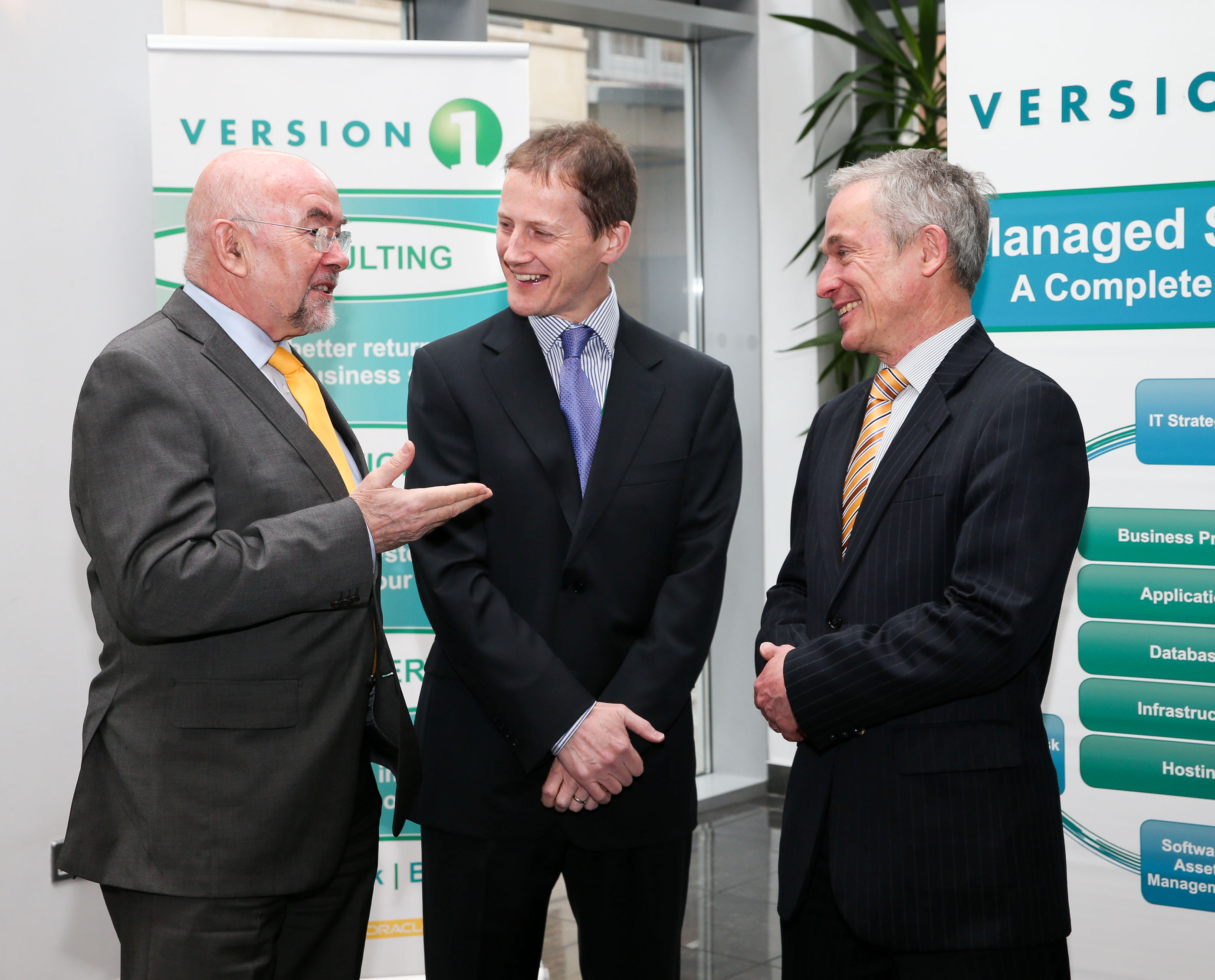 Version 1 CEO Justin Keatinge welcomes Minister for Jobs, Enterprise and Innovation, Richard Bruton TD, and the Minister for Education and Skills, Ruairi Quinn TD, to Version 1 Headquarters