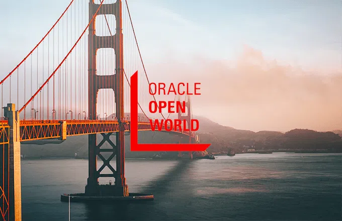 Oracle logo laid over an image of the golden gate bridge