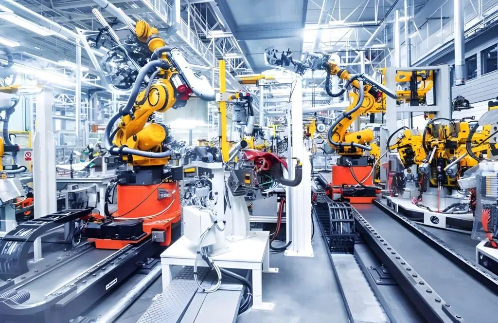 A high-tech industrial setting inside a modern factory, likely an automotive manufacturing facility. The scene is filled with multiple large robotic arms painted in bright yellow, each mounted on sturdy orange or red bases. These robotic arms have several joints and attached tools, allowing for precise, automated movement. In the foreground and center, one robotic arm is positioned near a partially assembled metal structure—possibly part of a vehicle frame—with visible wiring, tubing, and components attached. The robotic arm appears to be engaged in assembly or welding tasks. Additional robotic arms are arranged across the background on both the left and right sides, creating a dense, organized production line. Conveyor tracks and support rails run along the floor, indicating a system for moving parts through different stages of assembly. The factory interior is spacious and brightly lit with white lighting, supported by a network of metal beams and overhead structures. Numerous cables, pipes, and mechanical components are visible throughout, contributing to the complex and highly automated environment. The overall scene conveys advanced manufacturing processes, automation, and precision engineering, with no visible human workers present in the immediate frame.