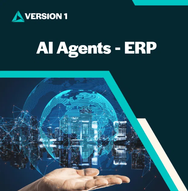 Presentation slide labeled ‘Version 1: AI Agents – ERP’ featuring a blue‑green digital globe, city skyline, and network connections symbolizing AI‑driven enterprise resource planning.