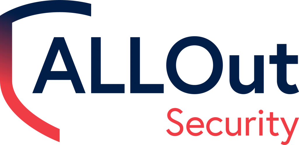 A modern logo for “AllOut Security” featuring dark blue bold text for “AllOut,” red text for “Security,” and a blue-to-red shield-style graphic on the left to represent protection and safety.