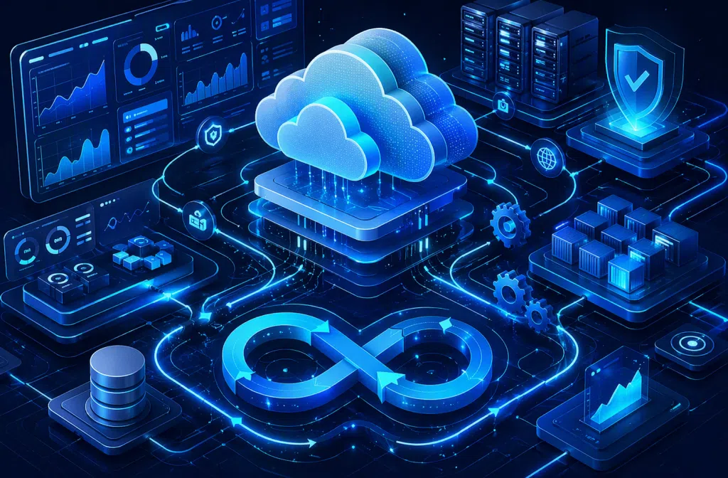 A futuristic blue-toned digital graphic depicts a cloud computing and FinOps environment. A large cloud icon sits at the center on a technology platform, linked to monitoring dashboards, data storage systems, server racks, security shields, containerized workloads, and DevOps infinity-loop symbols. Bright interconnected pathways illustrate data flow, automation, governance, and cloud financial management across the infrastructure. The image emphasizes cloud operations, cost optimization, security, monitoring, and continuous delivery within a modern enterprise cloud platform.