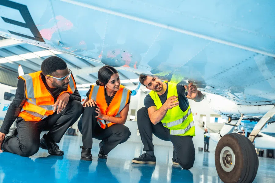 Three aircraft maintenance trainees wearing high-visibility safety vests and protective eyewear crouch beneath the wing of an aircraft inside a hangar. One trainee points to an inspection panel on the underside of the wing while the others observe closely. The aircraft’s landing gear wheel is visible on the right, and the brightly lit hangar features a blue floor and additional aircraft in the background.