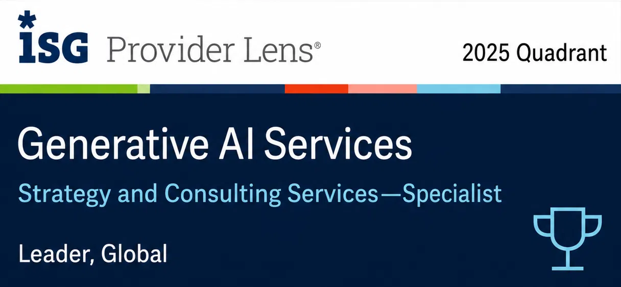ISG Provider Lens 2025 Quadrant graphic recognizing a company as a Global Leader in Generative AI Services within the Strategy and Consulting Services—Specialist category. The design features a dark blue background with the ISG Provider Lens logo, award-style trophy icon, and prominent white and light-blue text.