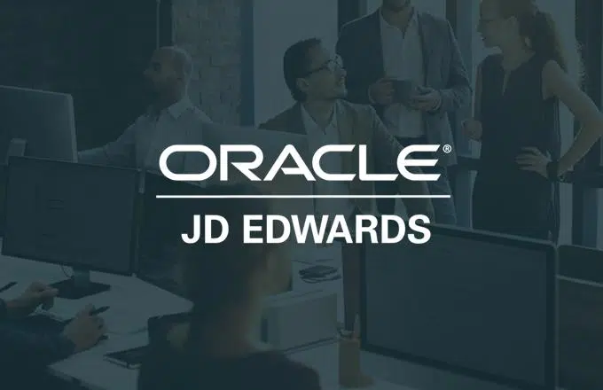 The image shows a corporate-themed graphic featuring the text “ORACLE JD EDWARDS” in bold white lettering, centred over a blue-tinted background of an office environment with people working at computers and talking.