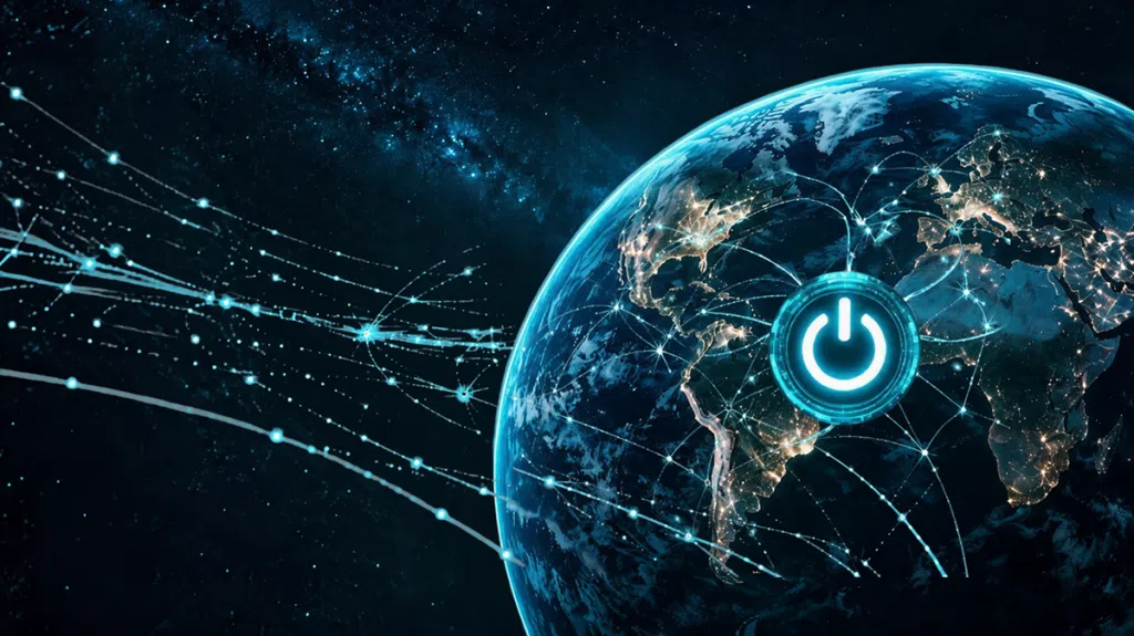 Digital illustration of Earth viewed from space with glowing network connections spanning continents. A large illuminated power button icon overlays the globe, symbolising control, connectivity, technology infrastructure, AI systems, or the ability to switch digital services on and off. The background features a dark star-filled cosmos with bright data streams extending across the image.