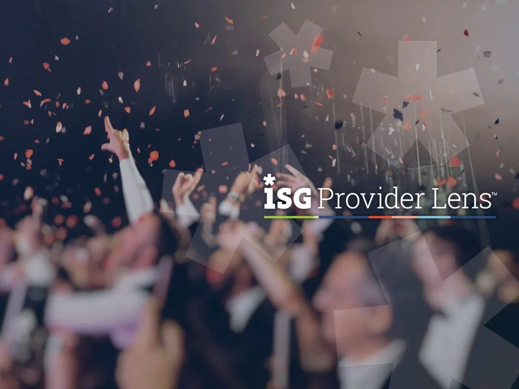 ISG Provider Lens graphic featuring a blurred crowd with raised hands and falling confetti at an event or awards ceremony. The ISG Provider Lens logo appears prominently over a dark blue background with geometric design elements.