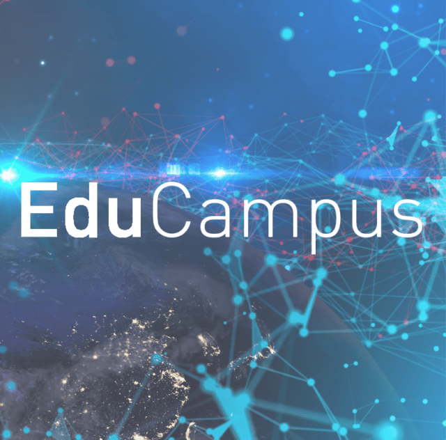 Educampus logo overlaid on a digital world background