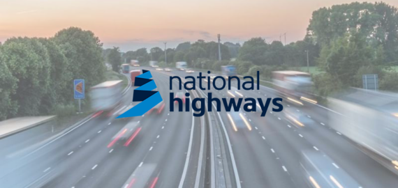 a roadway with the national highways logo over it