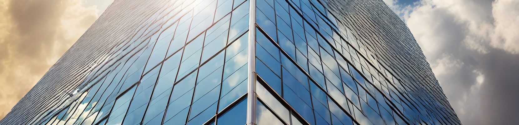 close up image of skyscraper with reflection of clouds