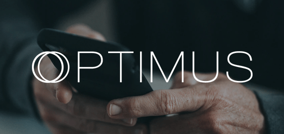 Optimus logo over an image of someone holding a mobile phone