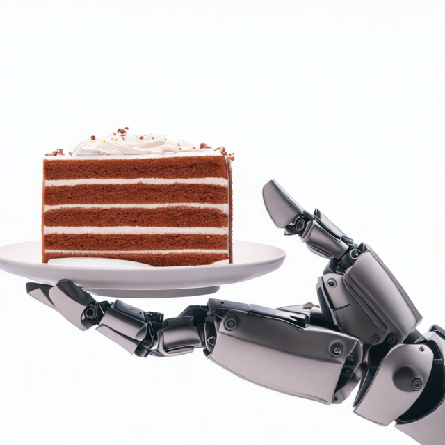 robotic hand holding a slice of cake