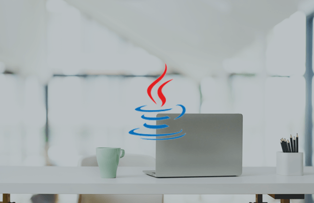 Coffee cup graphic laid over an image of a desk with a coffee cup and laptop