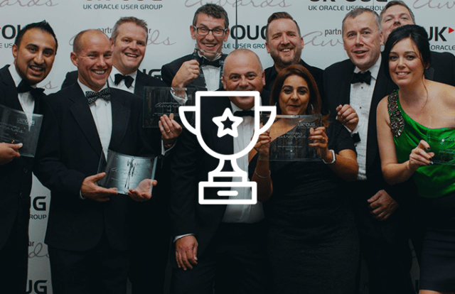 Group of people holding awards with a trophy icon laid over