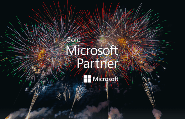 Gold Microsoft Parter against fireworks scene