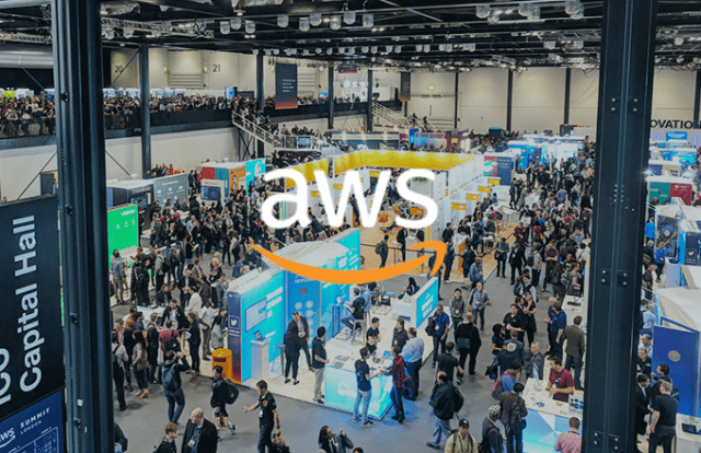 AWS logo over an image of a trade show