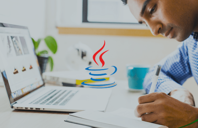 Java logo over image of a man with a notebook and laptop