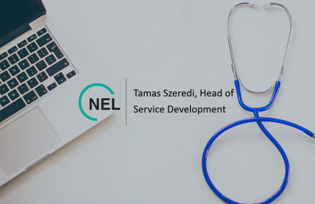 NEL logo and the text 'Tamas Szeredi, Head of Service Development' over a image of a stethoscope on a desk