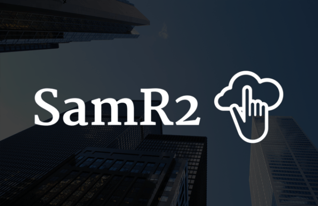 SamR2 logo against city landscape
