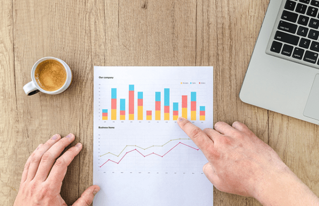 overhead view of a bar chart on a desk with a cup of coffee and laptop to the side