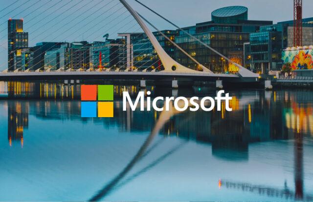 Mircosoft logo over a city bridge