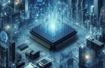 The image shows a merging of a city and a computer circuit board.