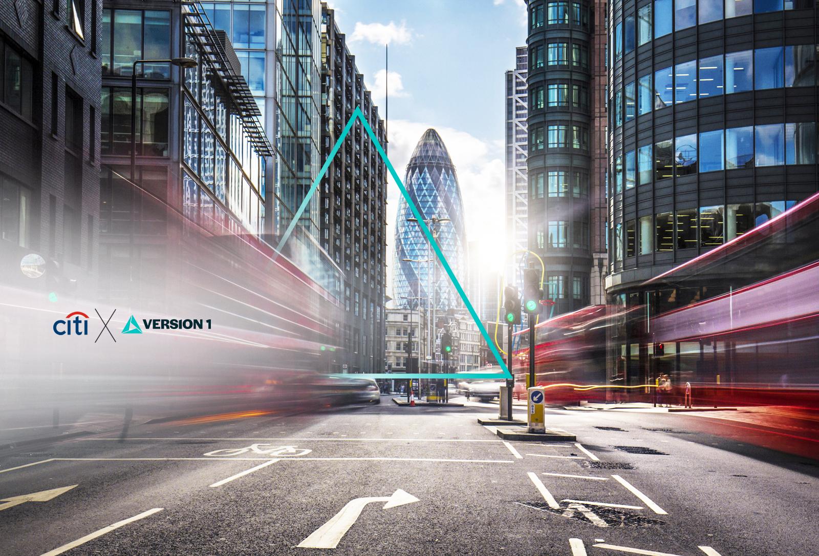 London street view with Version 1 and Citi logos laid ontop