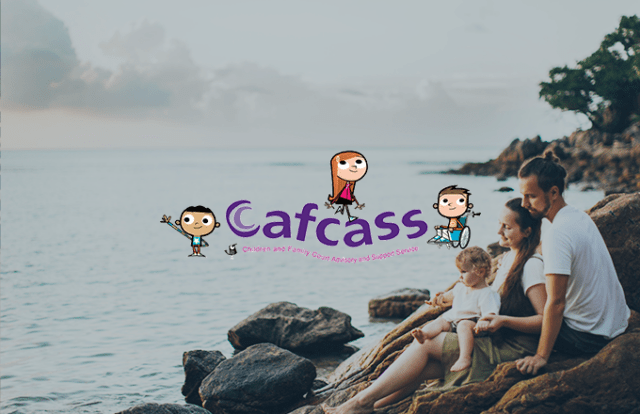 Cafcass logo and family on beach