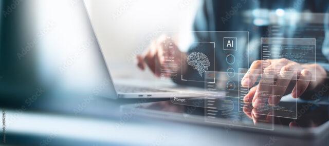 close up shot of someone using a laptop and phone with AI digital overlay