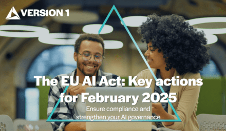 Infographic header featuring 2 business people and text The EU AI Act: Key actions for February 2025. Ensure compliance and strengthen your AI governance
