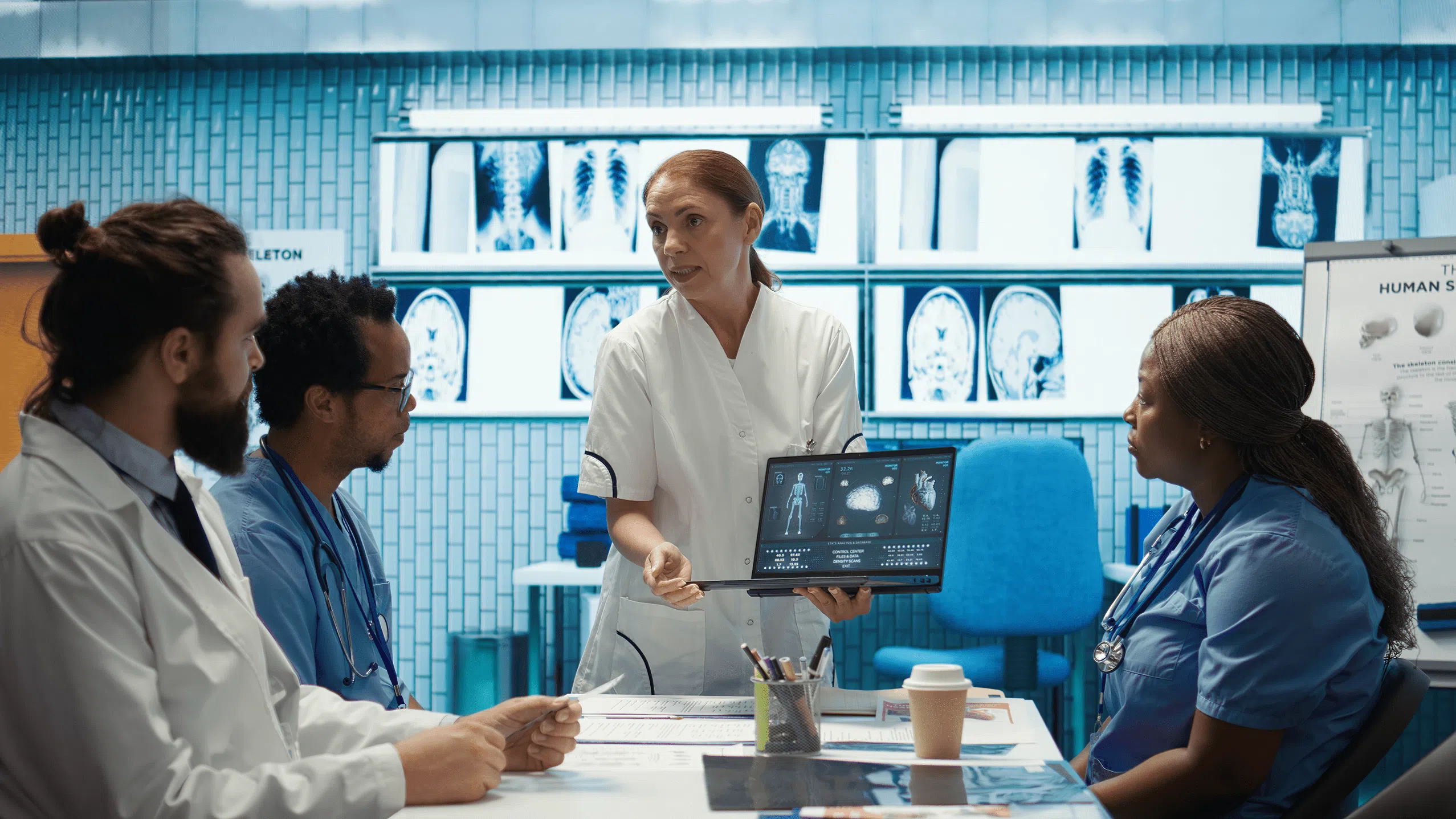 A diverse medical team of healthcare professionals around a table with the front speaker standing, holding a tablet with AI generated imagery of anatomy.