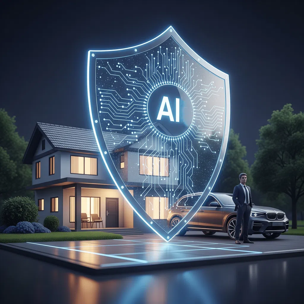 AI shield protecting house, car and person indicating AI in insurance