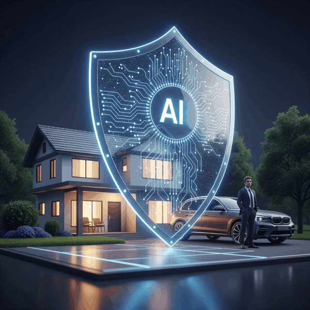 AI shield protecting house, car and person indicating AI in insurance