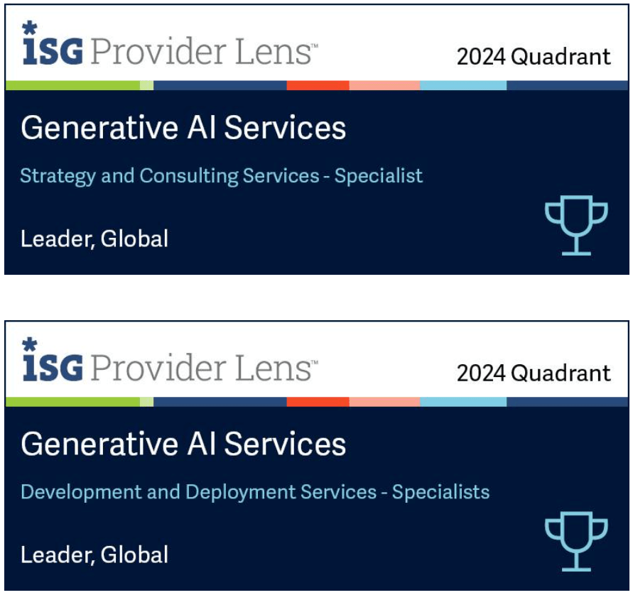 Leader, Global for Generative AI Services for Strategy and consulting services specialist and development and deployment services specialists. Awarded to Version 1 by ISG in 2024 Quadrant