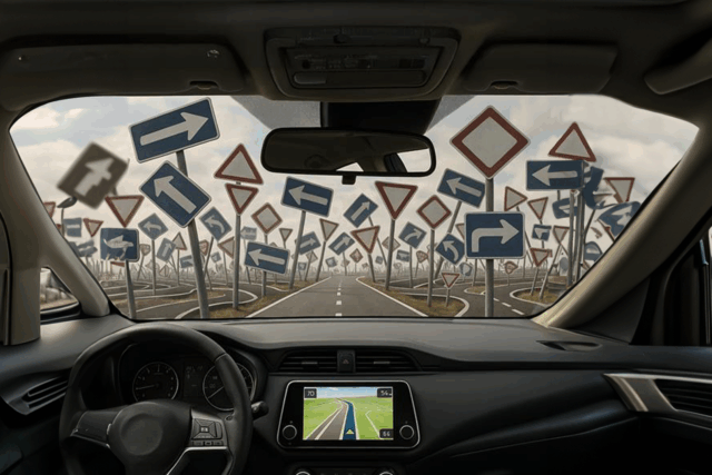 Interior view of a car navigating a road cluttered with confusing traffic signs, with a GPS showing a clear path ahead — symbolising how remediation accelerators can provide clarity in complex motor finance scenarios.