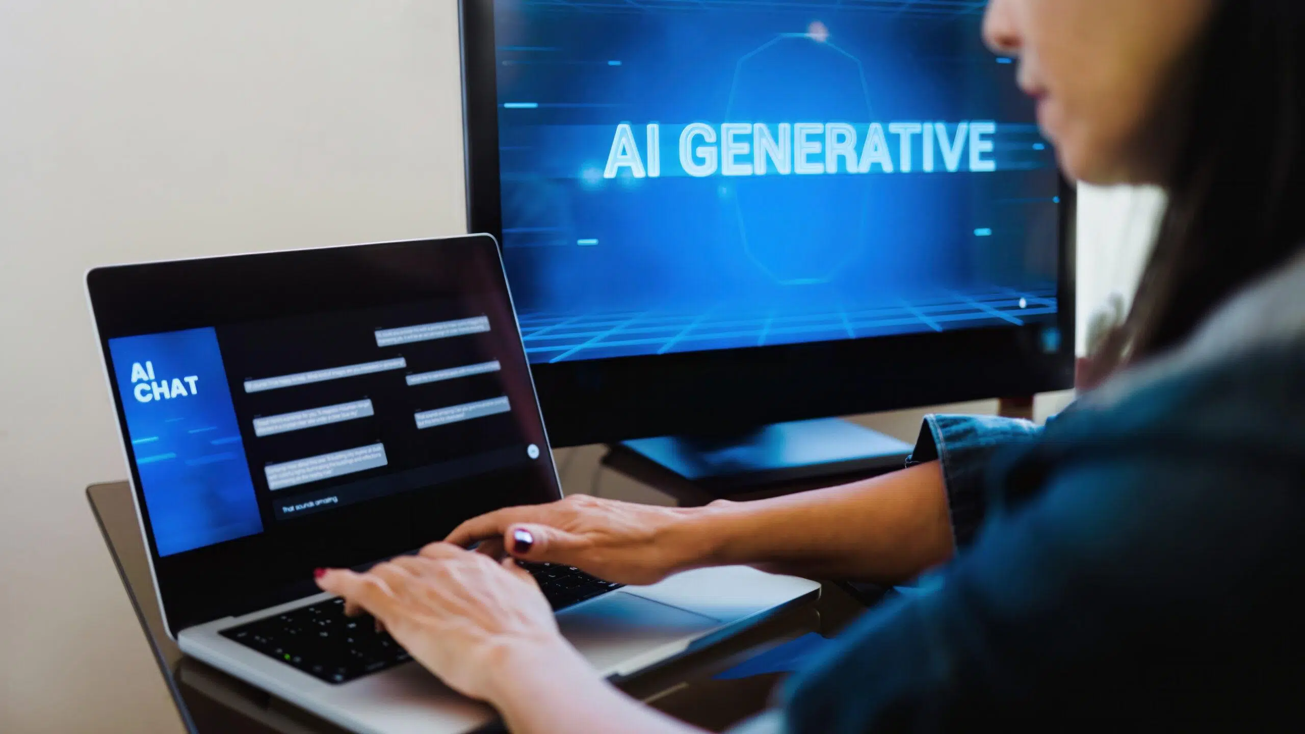 A person working on a laptop at a desk, with a large monitor in the background displaying the words ‘AI GENERATIVE.’ The workspace is brightly lit, and the individual is typing on the keyboard.