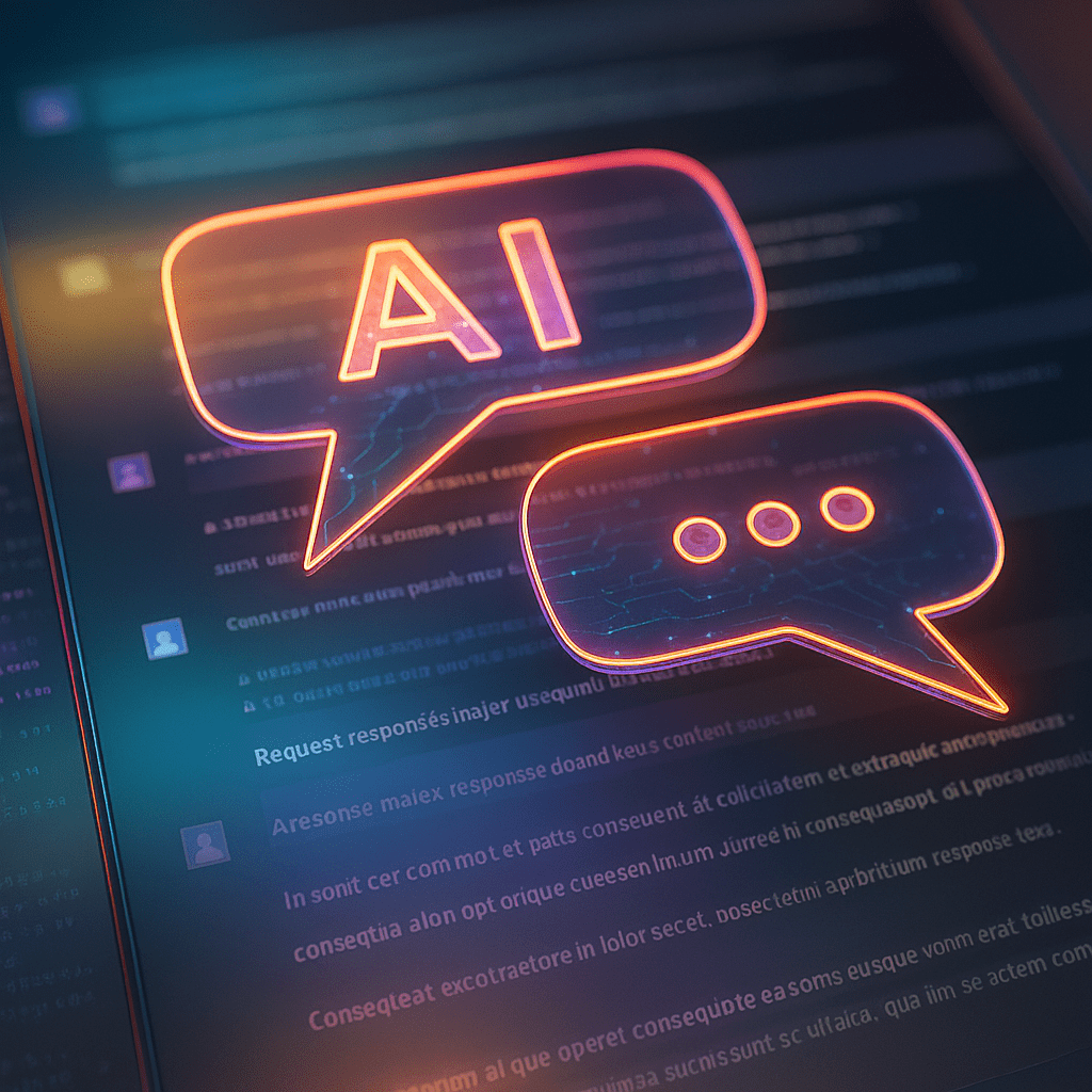Two neon-outlined speech bubbles appear over a background of colorful computer code. The left bubble displays “AI” and the right shows “...”. The scene evokes a digital conversation, with the AI bubble symbolising modern prompting in tech environments.