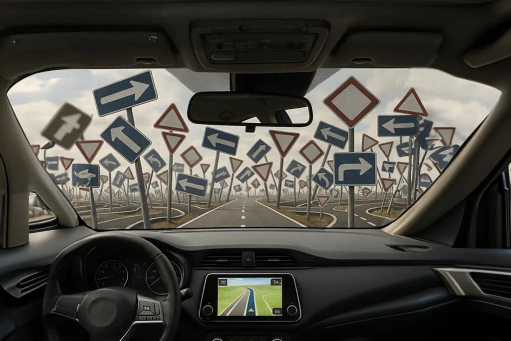 Interior view of a car navigating a road cluttered with confusing traffic signs, with a GPS showing a clear path ahead — symbolising how remediation accelerators can provide clarity in complex motor finance scenarios.