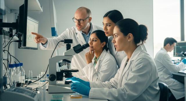 Scientists looking at data in science lab