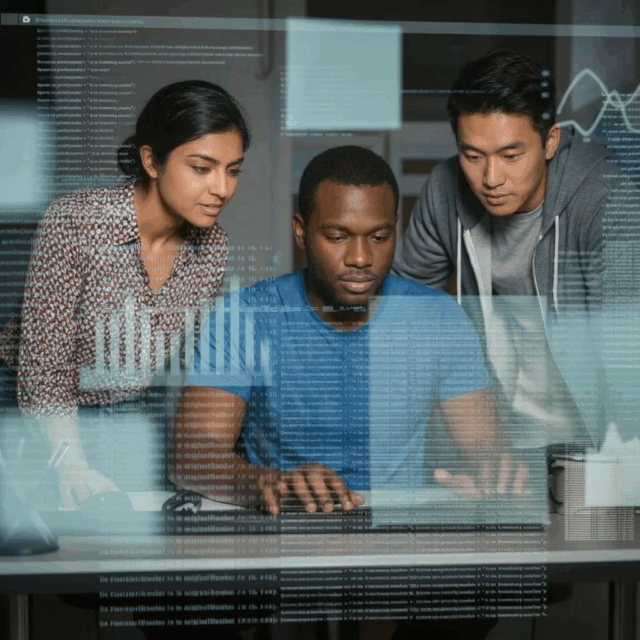 multicultural team of data analysts in front of code and data on a screen.
