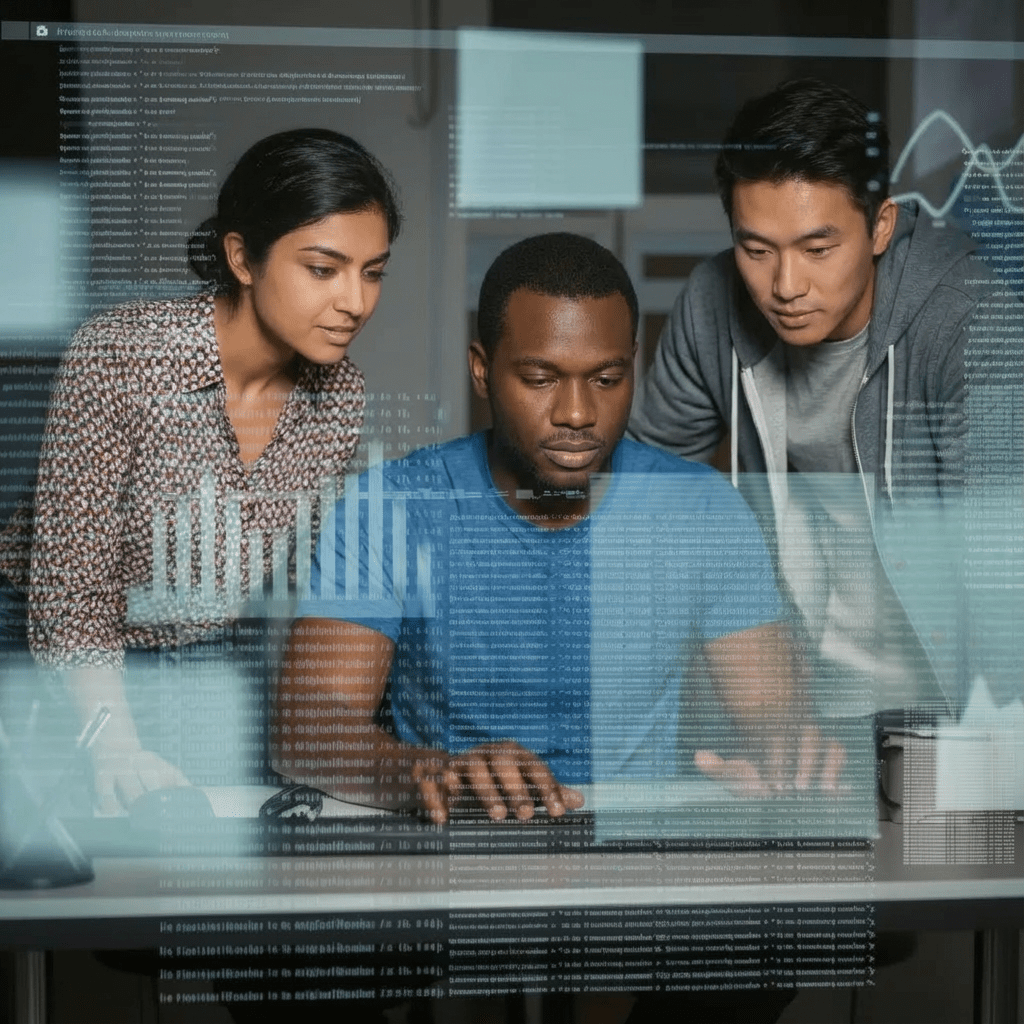 multicultural team of data analysts in front of code and data on a screen.