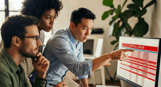Three people are gathered around a desk in an office setting, focusing on a computer monitor that displays a spreadsheet with a red header labelled “CRITICAL ERROR” and multiple rows highlighted in red. One person is pointing at the screen, while another holds a notepad. A large green plant is visible in the background.