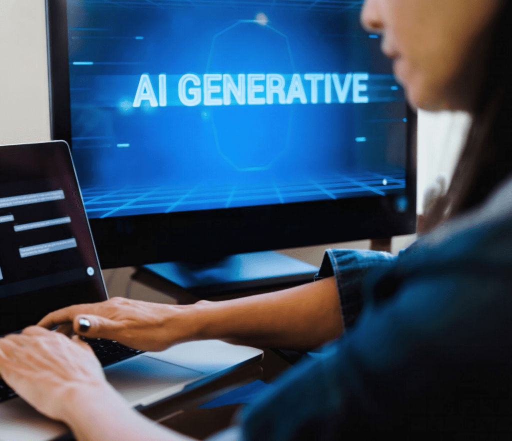 A person typing on a laptop at a desk while looking at a larger monitor displaying the words &ldquo;AI Generative&rdquo; on a blue, futuristic interface.