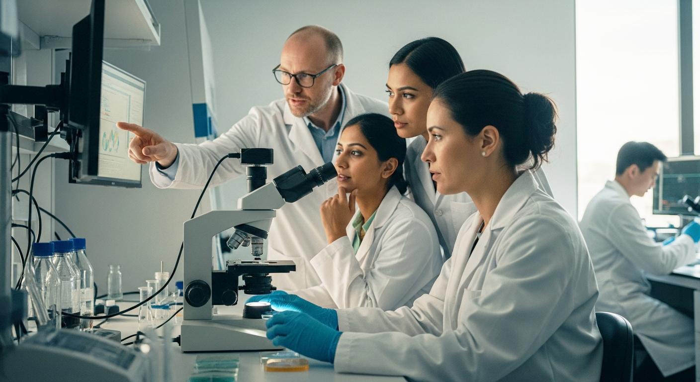 A group of scientists in lab coats work together at a laboratory bench, using a microscope while one team member points to data displayed on a monitor.
