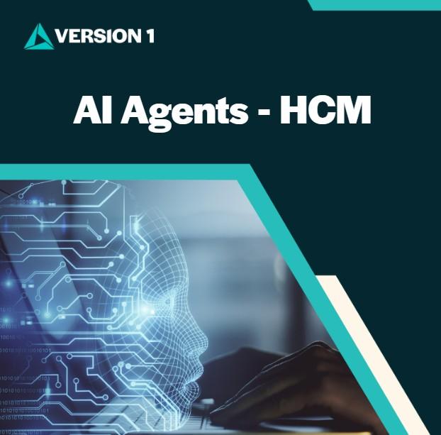 Promotional slide titled &ldquo;AI Agents &ndash; HCM&rdquo; with a teal and dark blue design. The image shows a stylized human profile formed by glowing circuit lines, suggesting artificial intelligence, alongside the label &ldquo;Version 1&rdquo; in the top-left corner.