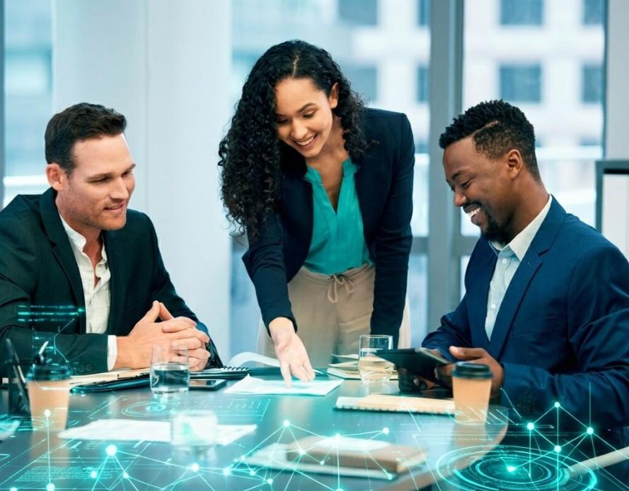 Three business professionals collaborating around a table in a modern office, reviewing documents and a tablet, with a digital data network overlay representing technology or AI-driven insights.