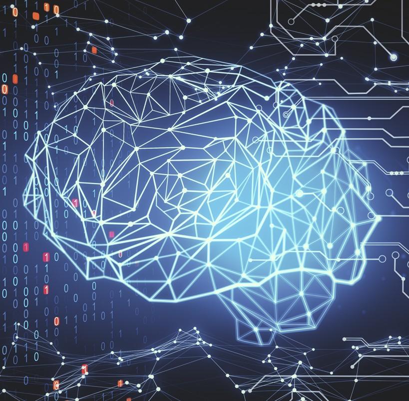 Futuristic digital illustration of a human brain formed by interconnected lines and nodes, surrounded by binary code and network patterns, representing AI security, data processing, and cyber intelligence.