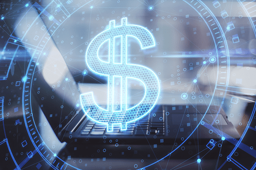 Futuristic digital finance concept showing a glowing dollar symbol over a laptop with data networks, representing fintech, AI and digital payments.