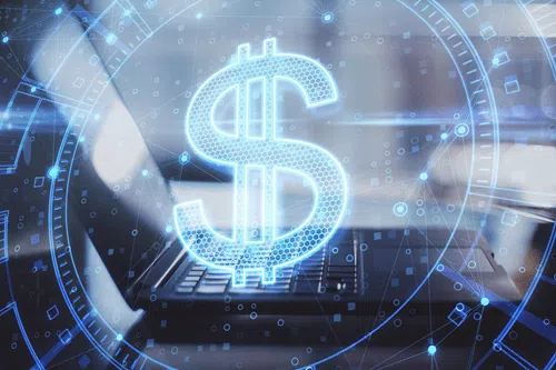 Futuristic digital finance concept showing a glowing dollar symbol over a laptop with data networks, representing fintech, AI and digital payments.
