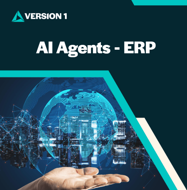 Presentation slide labeled &lsquo;Version 1: AI Agents &ndash; ERP&rsquo; featuring a blue‑green digital globe, city skyline, and network connections symbolizing AI‑driven enterprise resource planning.